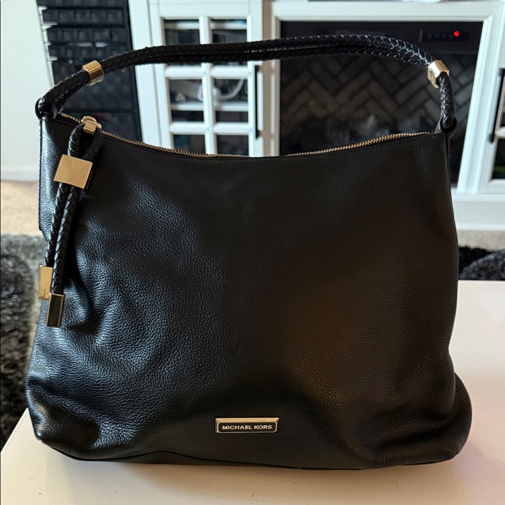 Michael Kors Black Genuine Leather Hobo Bag with Gold Metal Accents